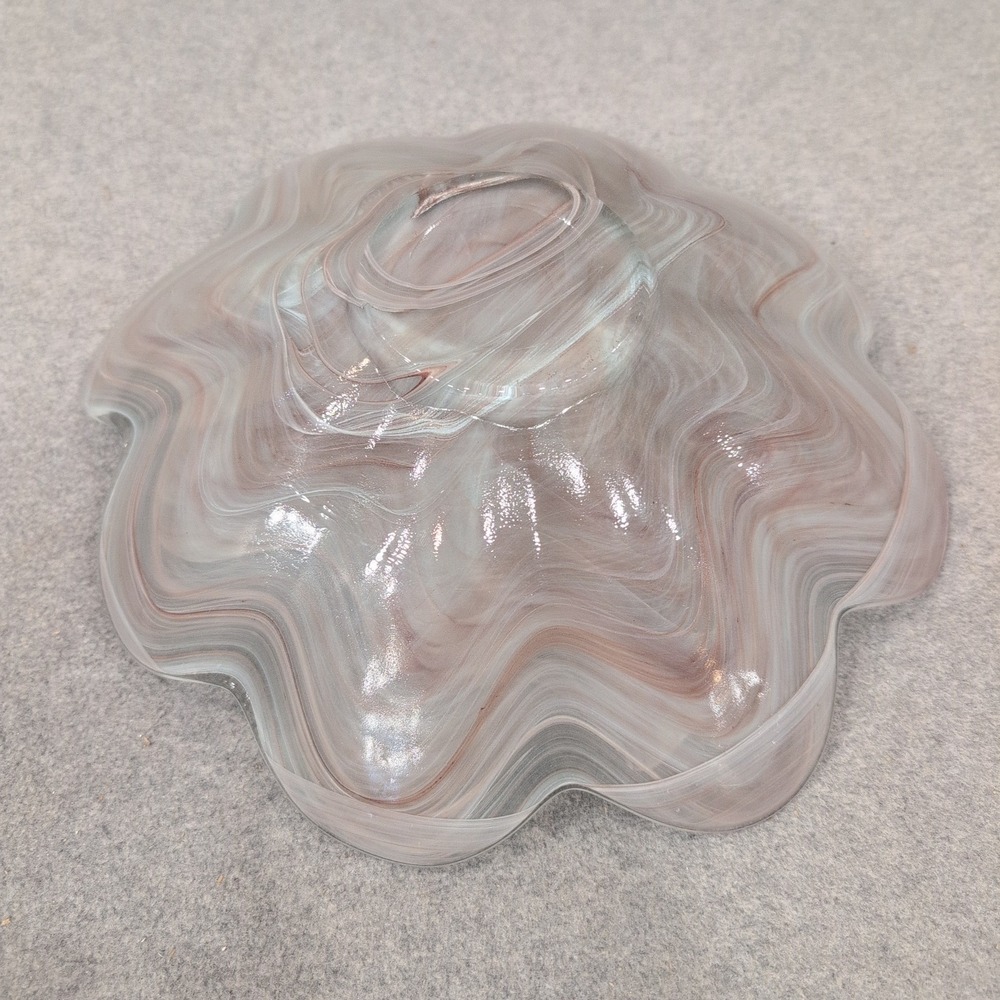 Art Glass Ruffled Bowl Mauve White Swirl Hand Blown Centerpiece - Picture 6 of 6